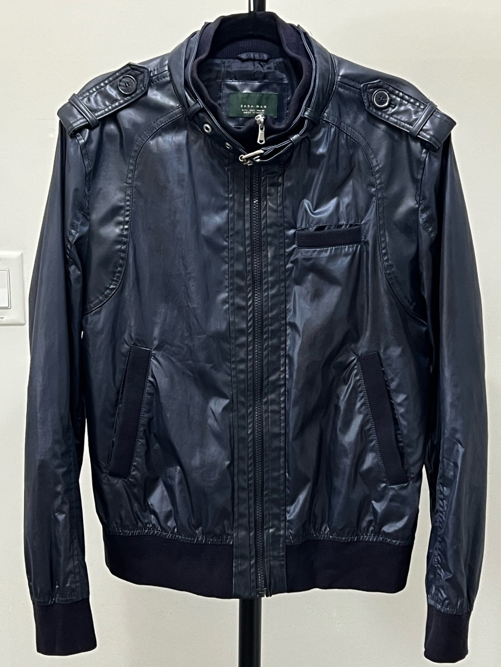 Zara Man Blue Faux Leather 90s Jacket Y2K Moto Streetwear Full Zip Bomber Size L